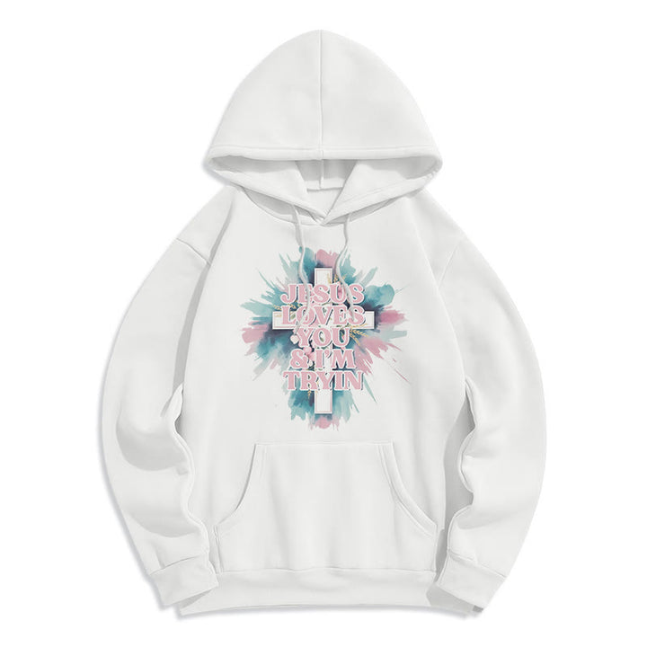Christianartworkshop Sweat à capuche en polyester doublé polaire « Jésus t’aime, j’essaie encore » - Blanc - 2XL - image 0