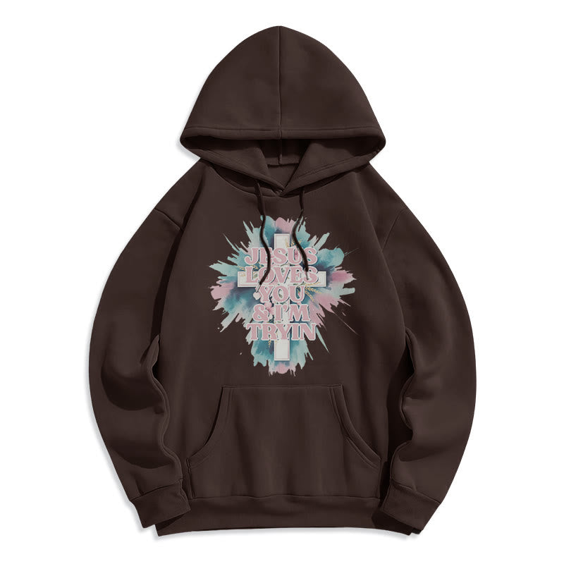 Christianartworkshop Sweat à capuche en polyester doublé polaire « Jésus t’aime, j’essaie encore » - Brun - 2XL - image 7