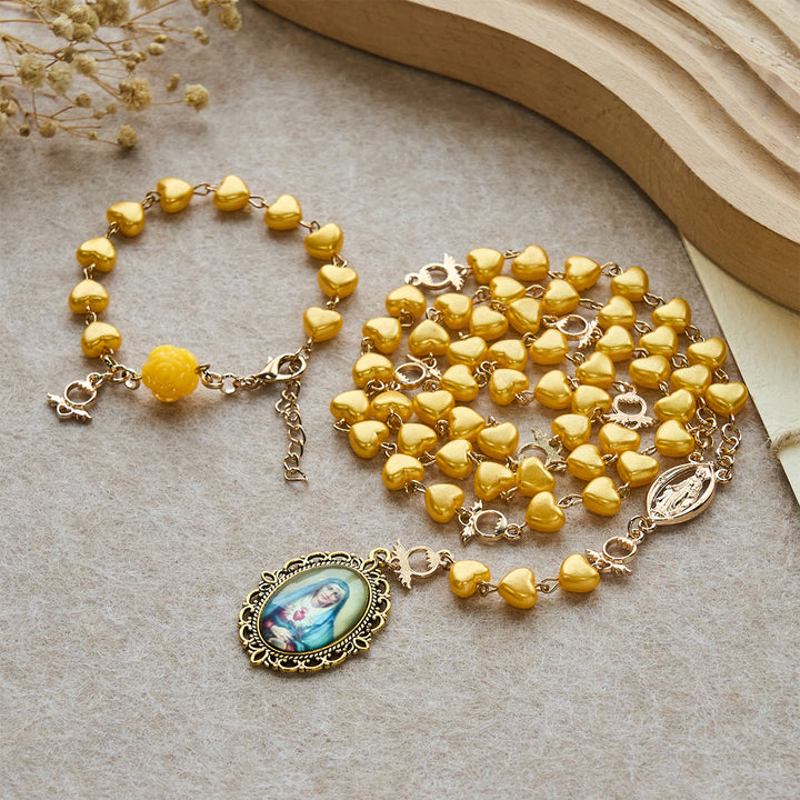 Christianartworkshop Ensemble chapelet et bracelet à perles en forme de cœur jaune : Tendre compagnon de la grâce quotidienne - Lot de 2 - image 0