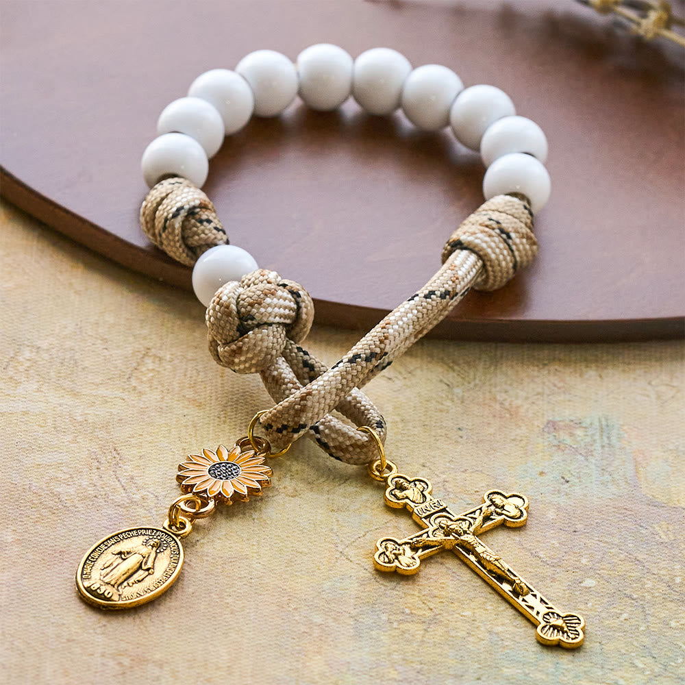 Christianartworkshop Chapelet de poche à double pancarte avec bénédiction : Tournesol et Vierge Marie, à fixer au rétroviseur de voiture ou à porter sur soi. - image 2