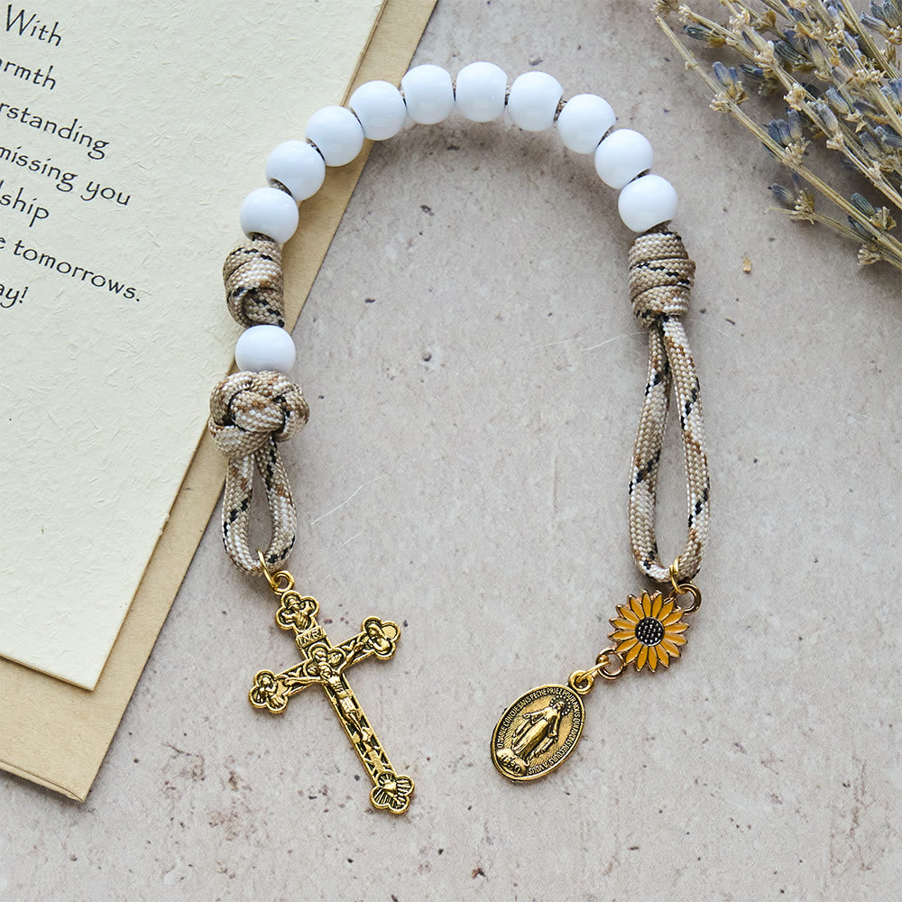 Christianartworkshop Chapelet de poche à double pancarte avec bénédiction : Tournesol et Vierge Marie, à fixer au rétroviseur de voiture ou à porter sur soi. - image 3