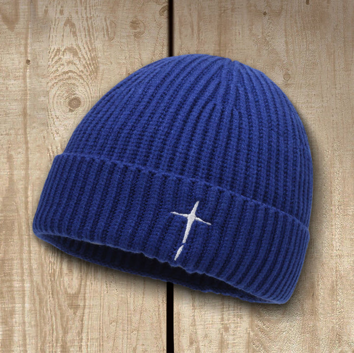 Bonnet brodé croix subtile de Christianartworkshop : Sa grâce par temps froid - Bleu royal - Tour de tête : 54–60 cm / 21,26''–23,62'' - image 3