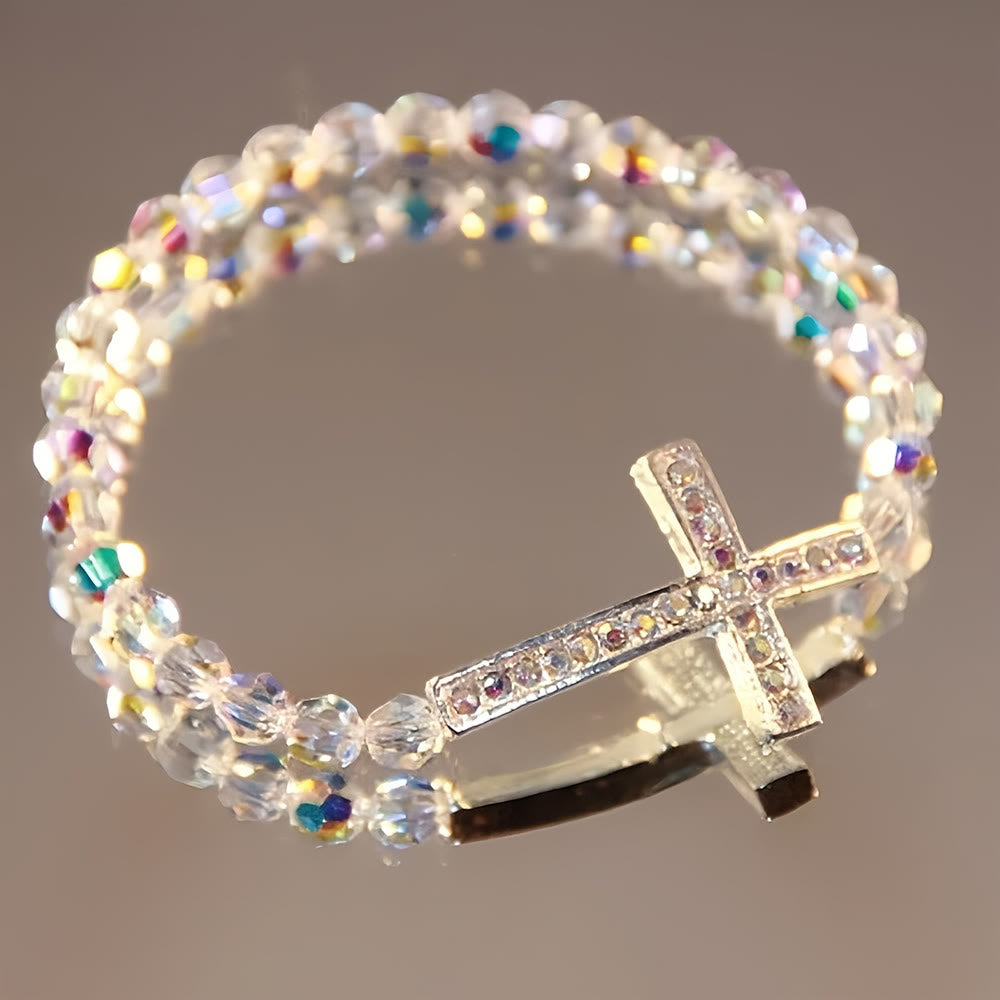 Bracelet croix blanc et bleu paon de Christianartworkshop : La foi enveloppée de paillettes - Blanc - image 0