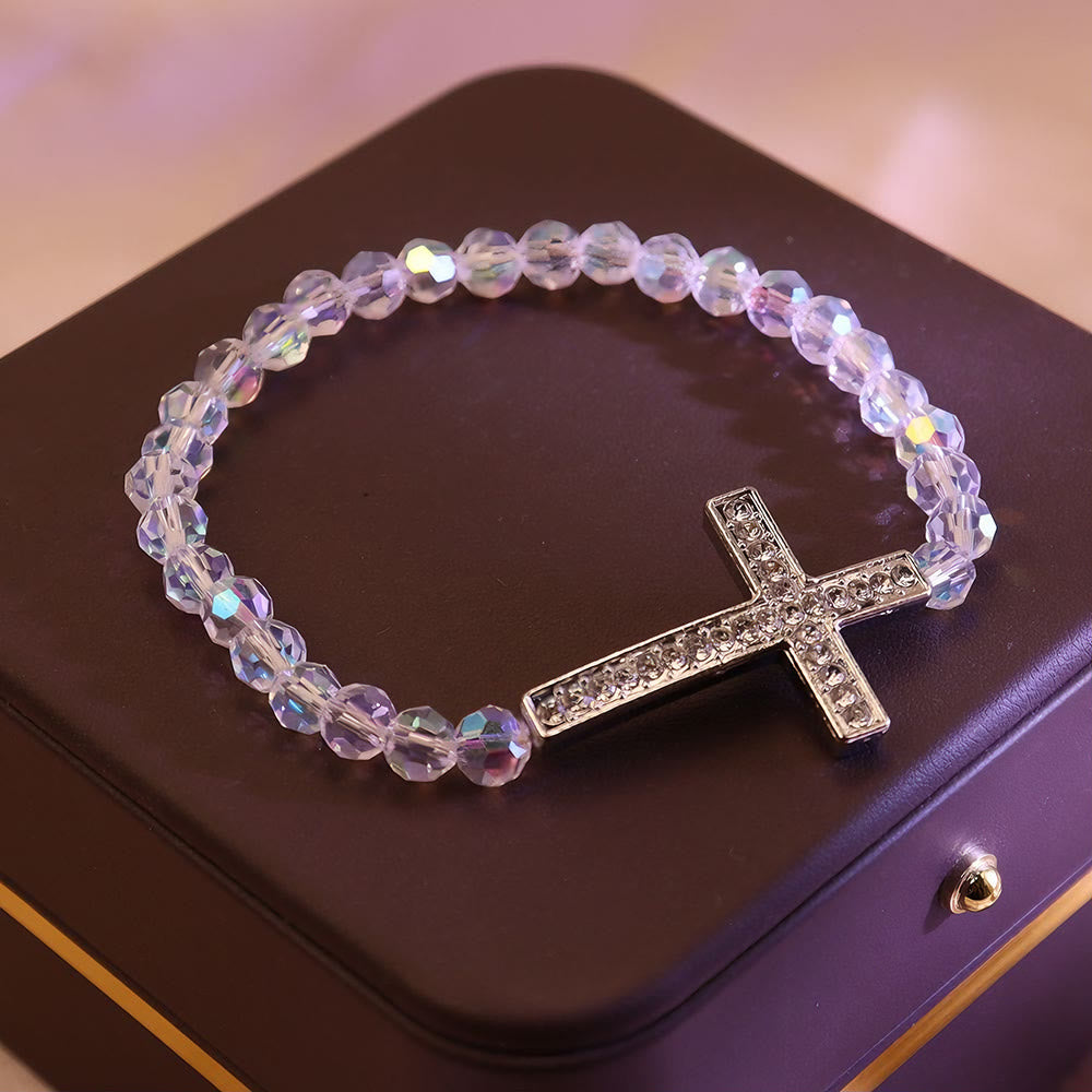 Bracelet croix blanc et bleu paon de Christianartworkshop : La foi enveloppée de paillettes - image 2