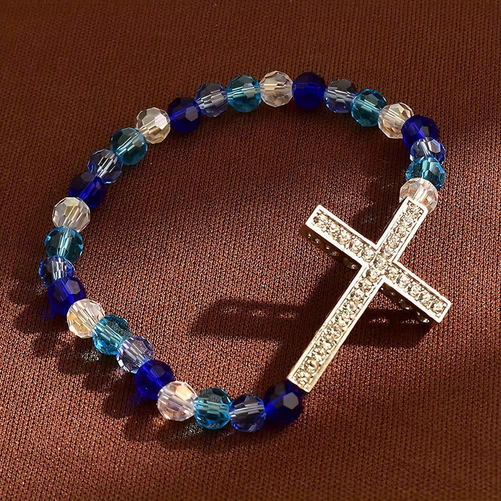 Bracelet croix blanc et bleu paon de Christianartworkshop : La foi enveloppée de paillettes - Bleu - image 6
