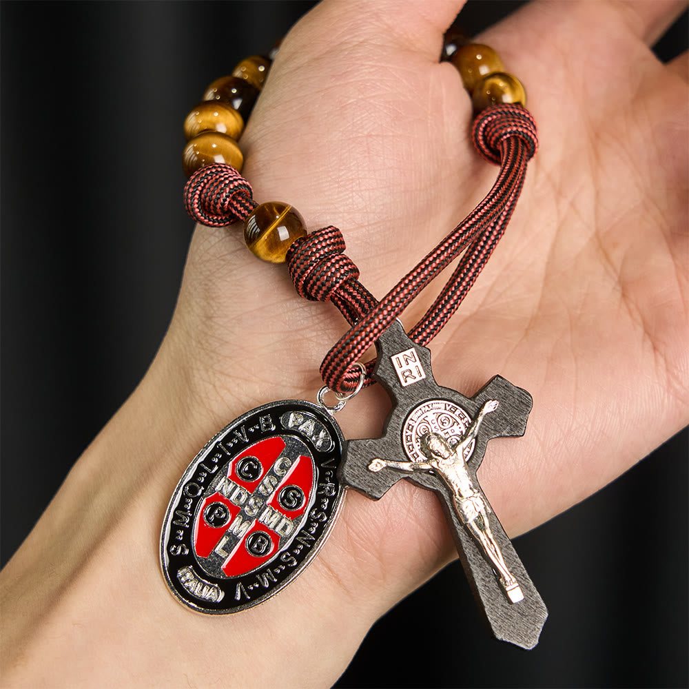 Christianartworkshop Chapelet de poche œil de tigre avec Courage et Protection : Médaille et croix de l’exorcisme du Bienheureux Saint Benoît - image 1