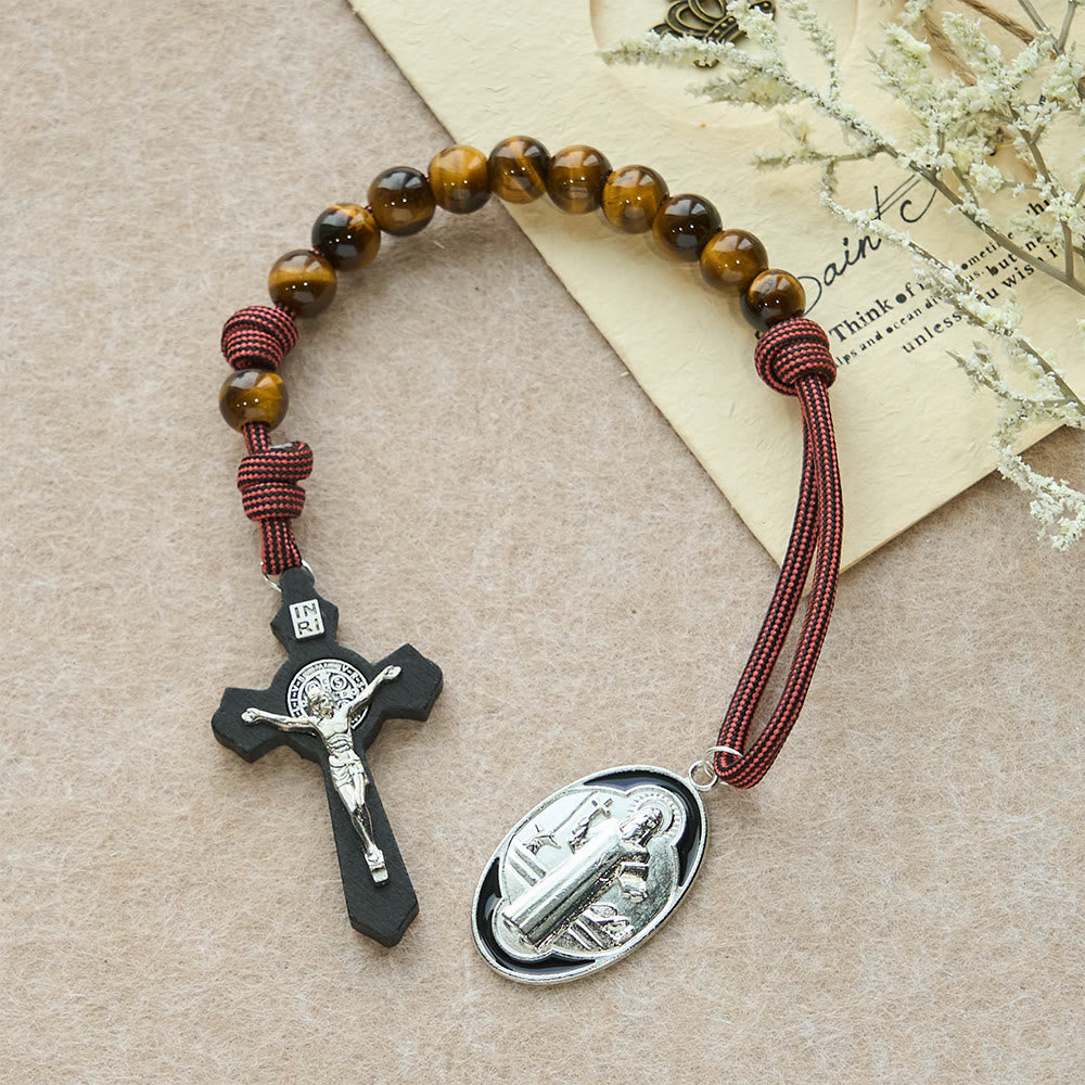 Christianartworkshop Chapelet de poche œil de tigre avec Courage et Protection : Médaille et croix de l’exorcisme du Bienheureux Saint Benoît - image 3
