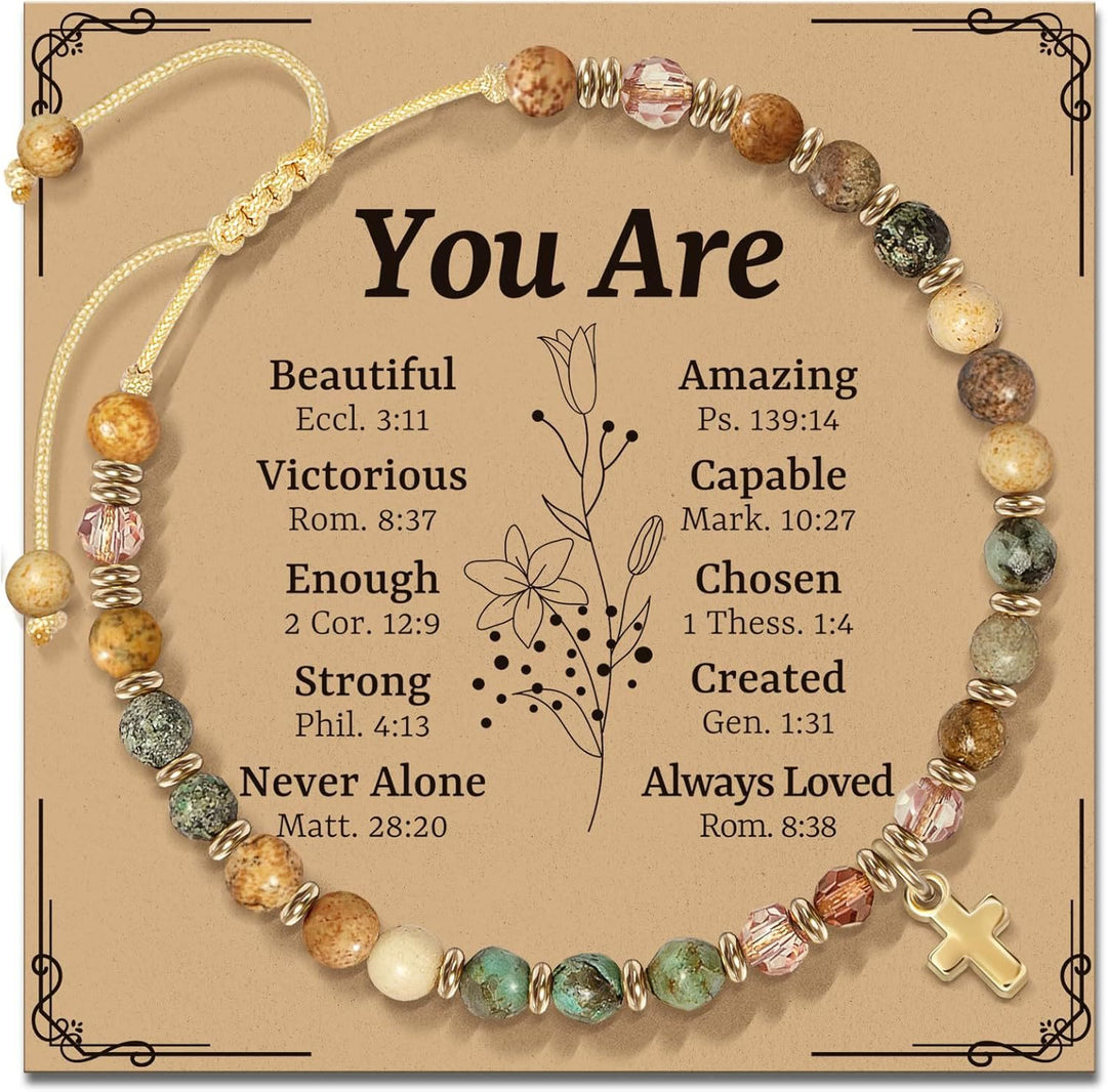 Bracelet en pierre naturelle et croix avec carte biblique de Christianartworkshop : Une tendre dévotion pour les moments précieux - Tu es - Ambre - image 7