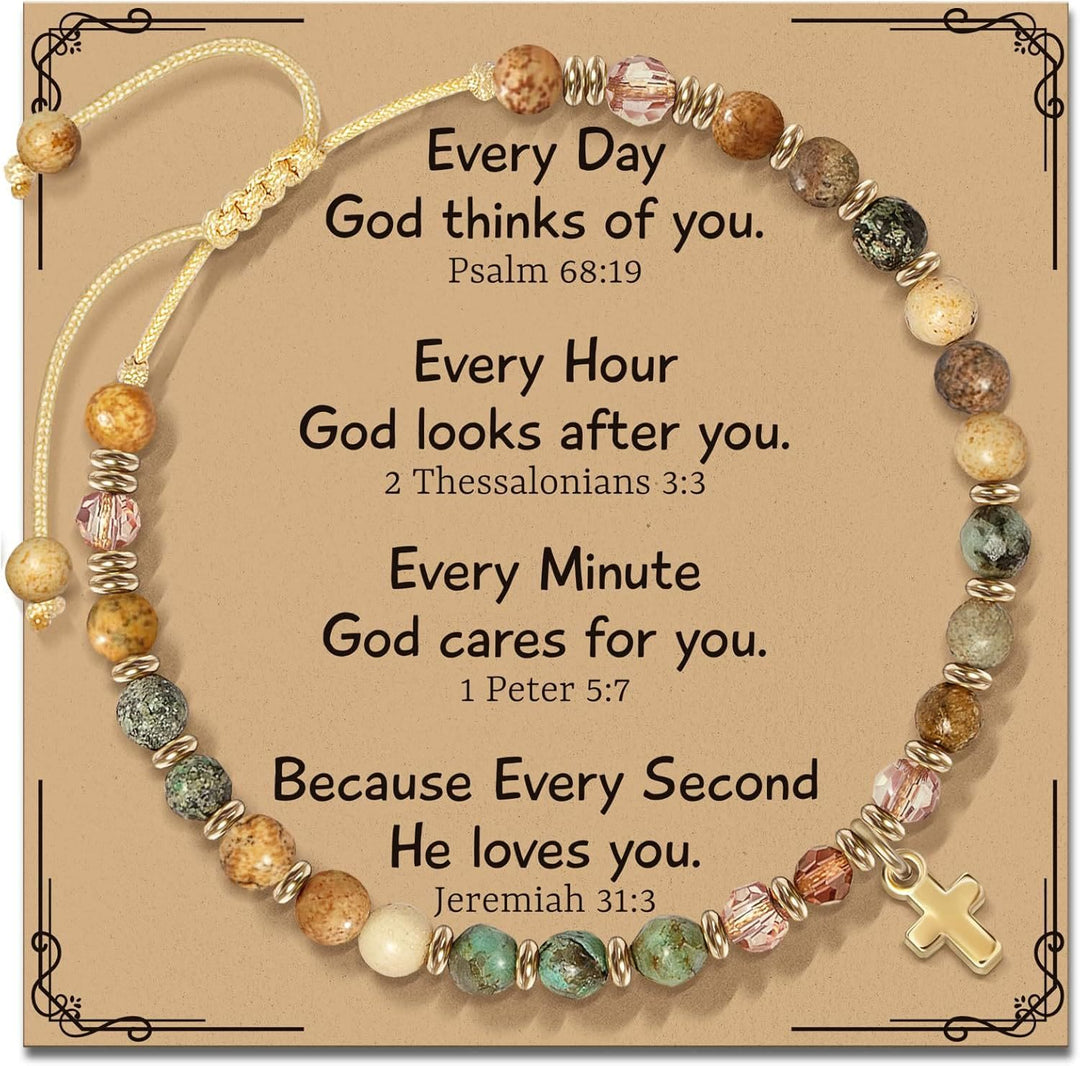 Bracelet en pierre naturelle et croix avec carte biblique de Christianartworkshop : Une tendre dévotion pour les moments précieux - Psaume 68:19 - Ambre - image 8