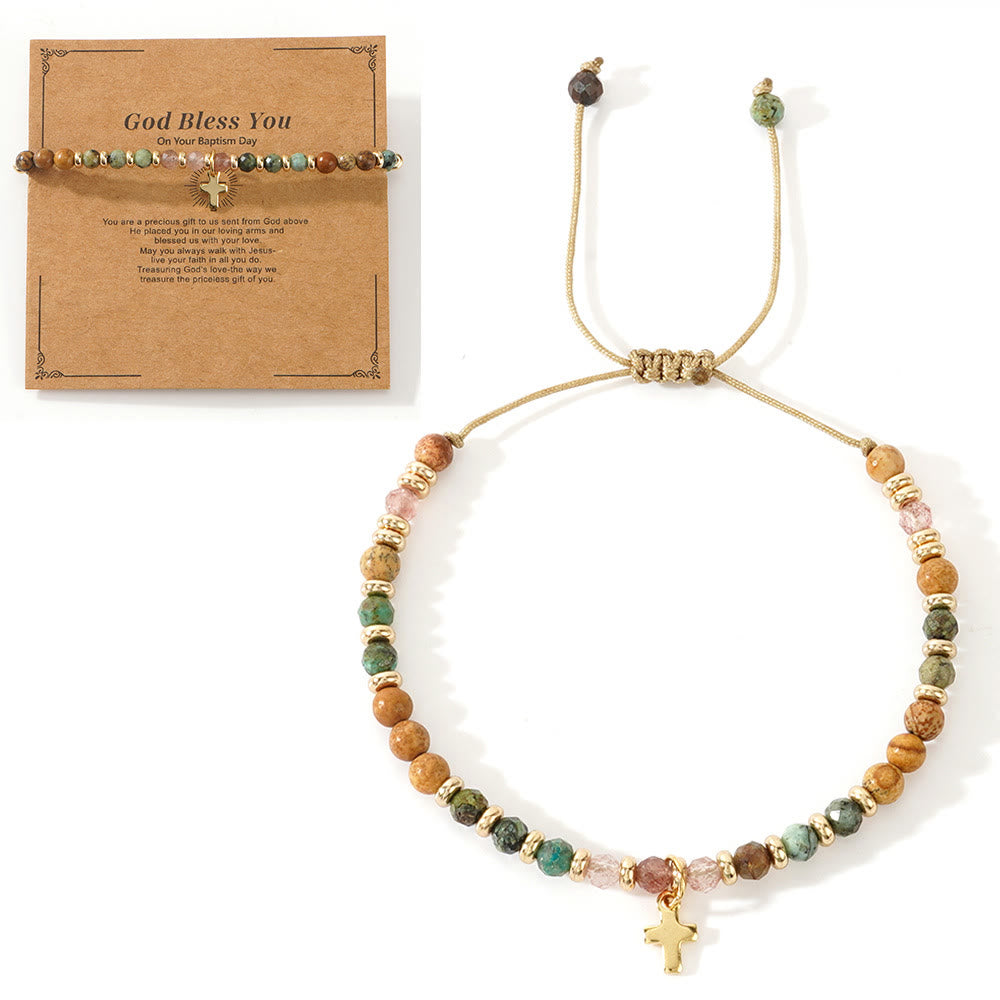 Bracelet en pierre naturelle et croix avec carte biblique de Christianartworkshop : Une tendre dévotion pour les moments précieux - Que Dieu te bénisse - Amber - image 5