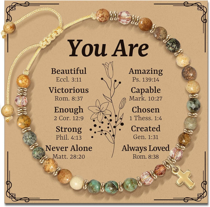 Bracelet en pierre naturelle et croix avec carte biblique de Christianartworkshop : Une tendre dévotion pour les moments précieux - Tu es - Ambre - image 7