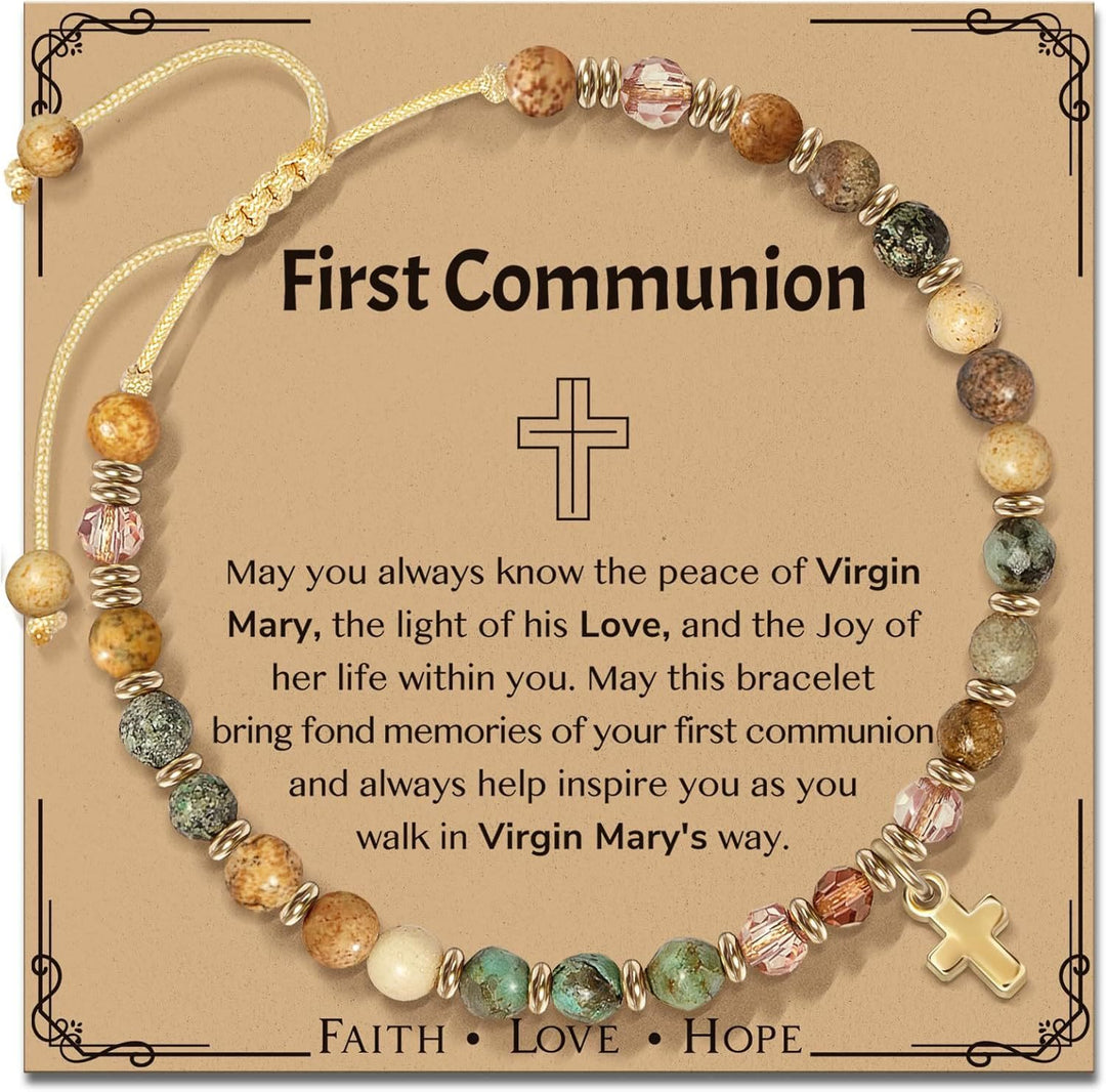 Bracelet en pierre naturelle et croix avec carte biblique de Christianartworkshop : Une tendre dévotion pour les moments précieux - Première Communion - Ambre - image 6