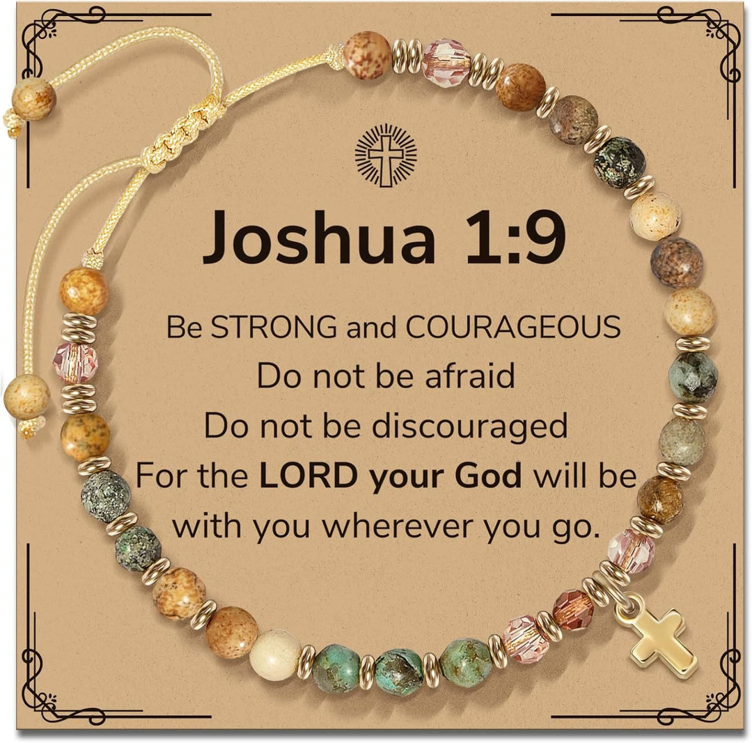 Bracelet en pierre naturelle et croix avec carte biblique de Christianartworkshop : Une tendre dévotion pour les moments précieux - Josué 1:9 - Ambre - image 12