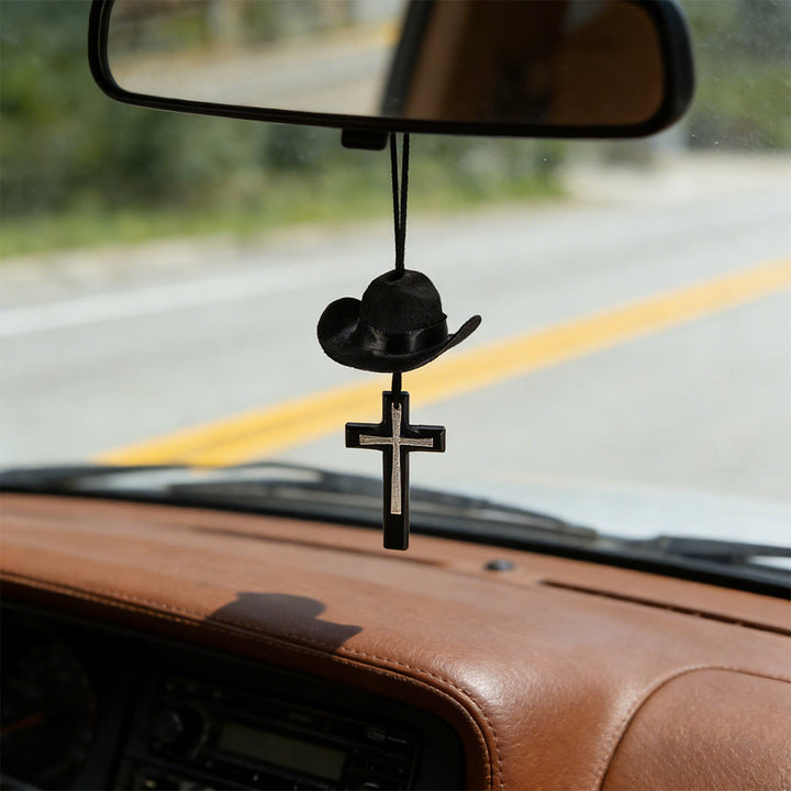 Pendentif de voiture chapeau de cowboy et croix de Christianartworkshop : Foi inébranlable pour la route - Croix en bois et métal - Noir - Sans perle - image 9