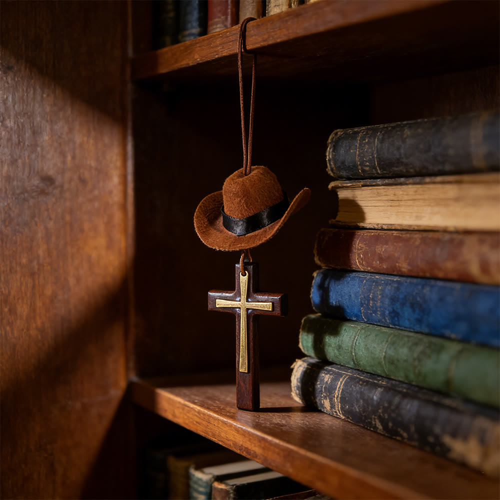 Pendentif de voiture chapeau de cowboy et croix de Christianartworkshop : Foi inébranlable pour la route - Croix en bois et métal - Brun - Sans perle - image 7