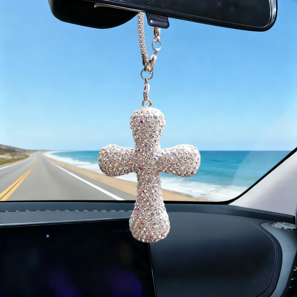 Pendentif croix ornée de cristaux pour voiture, Christianartworkshop : une foi rayonnante pour chaque voyage - Blanc - image 2
