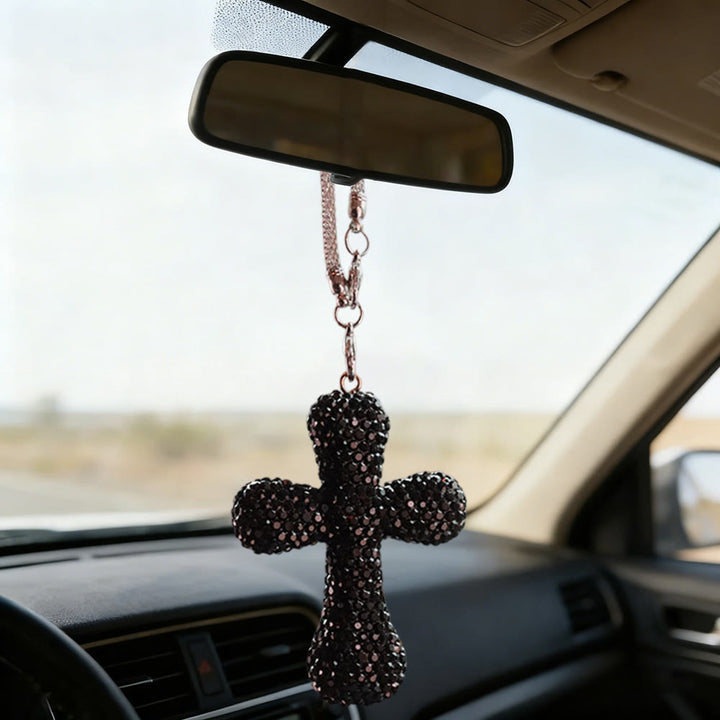 Pendentif croix ornée de cristaux pour voiture, Christianartworkshop : une foi rayonnante pour chaque voyage - Noir - image 1