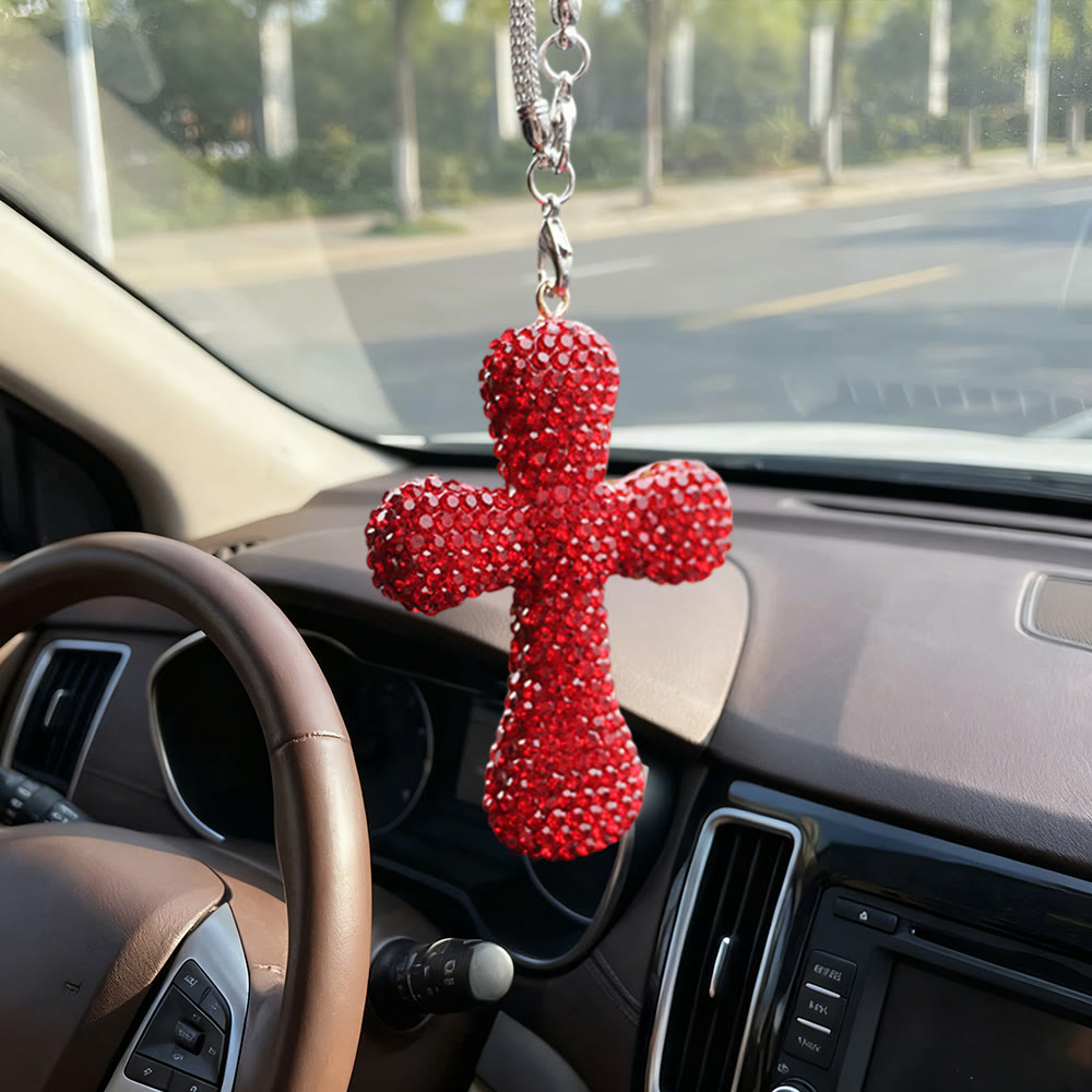 Christianartworkshop Pendentif croix orné de cristaux pour voiture : une foi rayonnante pour chaque voyage - Rouge - image 0