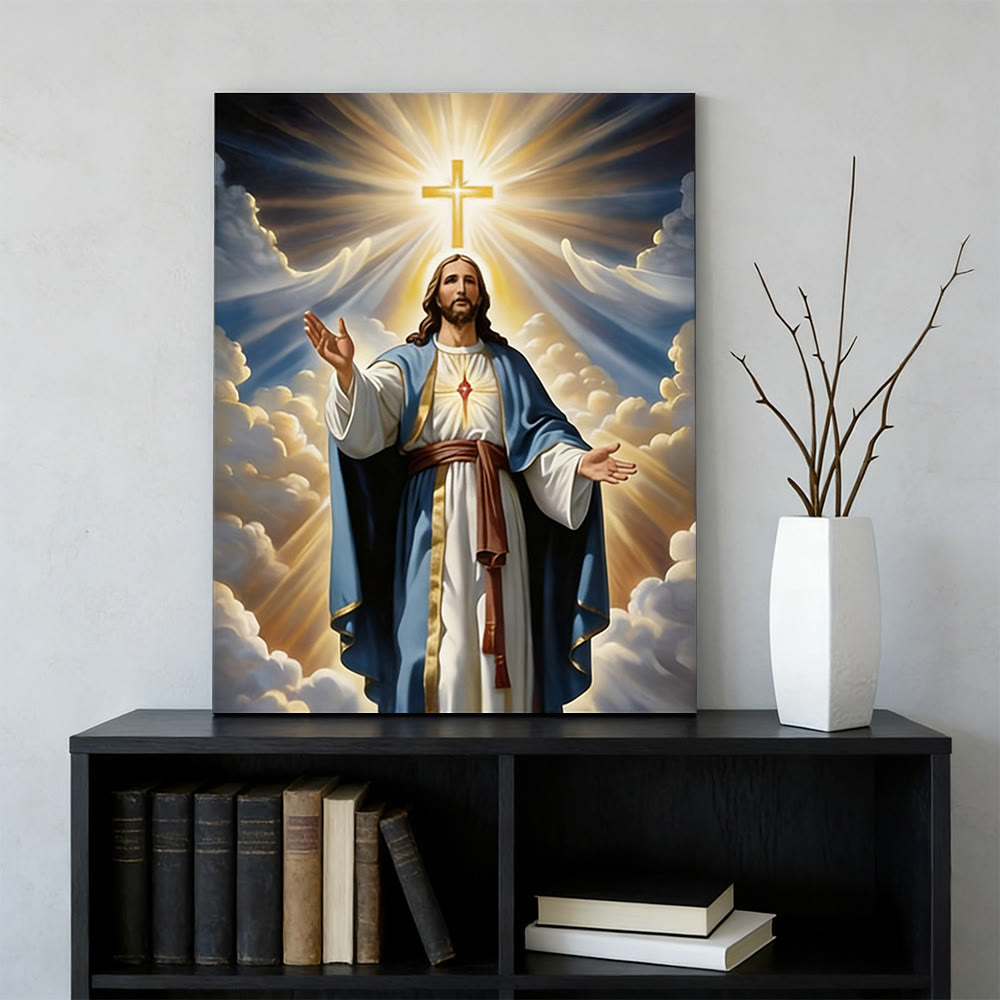 Christianartworkshop Affiche murale Croix rayonnante et Jésus : Grâce lumineuse pour votre intérieur - Tableau sur toile encadré - 11,81 po × 15,75 po × 0,71 po / 30 × 40 × 1,8 cm - image 0