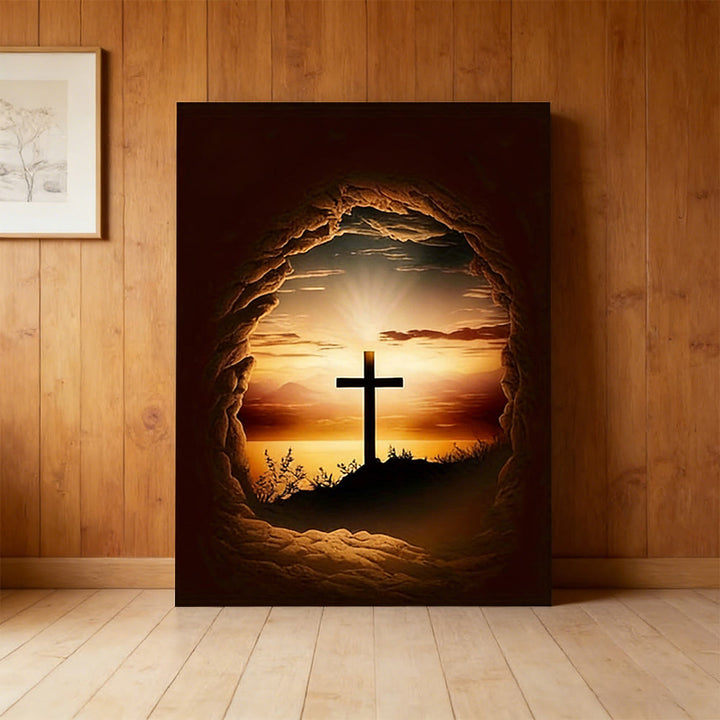 Christianartworkshop Tableau en forme de croix avec cadre en pierre vide : un espoir rédempteur pour votre intérieur - Tableau sur toile encadré - 11,81 po × 15,75 po × 0,71 po / 30 × 40 × 1,8 cm - image 0