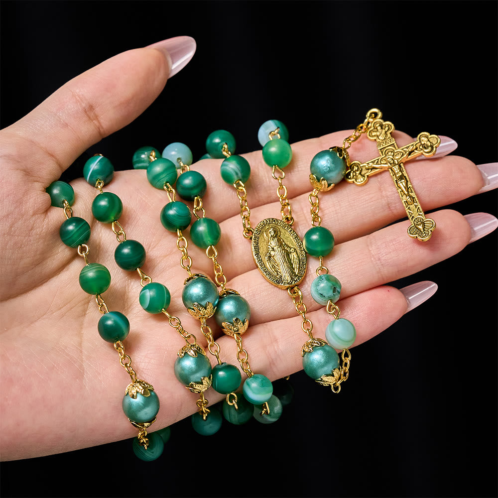 Christianartworkshop Médaille miraculeuse et crucifix en cristal vert rond de 6 mm, chaîne en alliage, chapelet - image 1