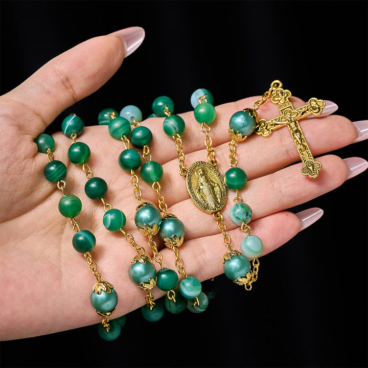 Christianartworkshop Médaille miraculeuse et crucifix en cristal vert rond de 6 mm, chaîne en alliage, chapelet - image 1