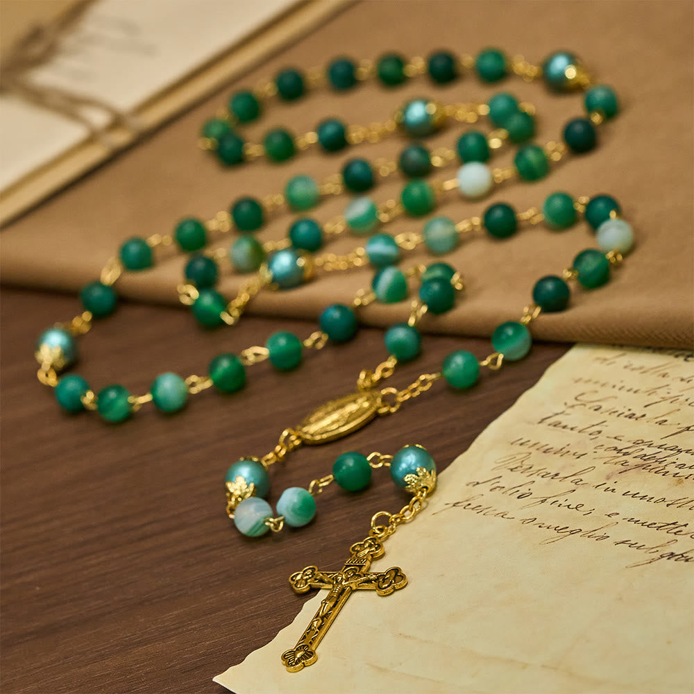 Christianartworkshop Médaille miraculeuse et crucifix en cristal vert rond de 6 mm, chaîne en alliage, chapelet - image 3
