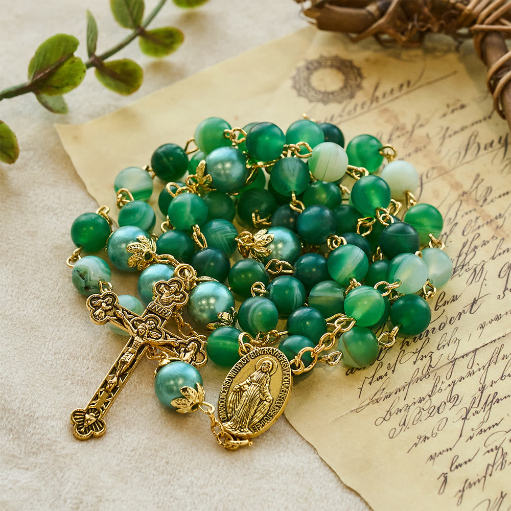 Christianartworkshop Médaille miraculeuse et crucifix en cristal vert rond de 6 mm, chaîne en alliage, chapelet - Vert - image 0