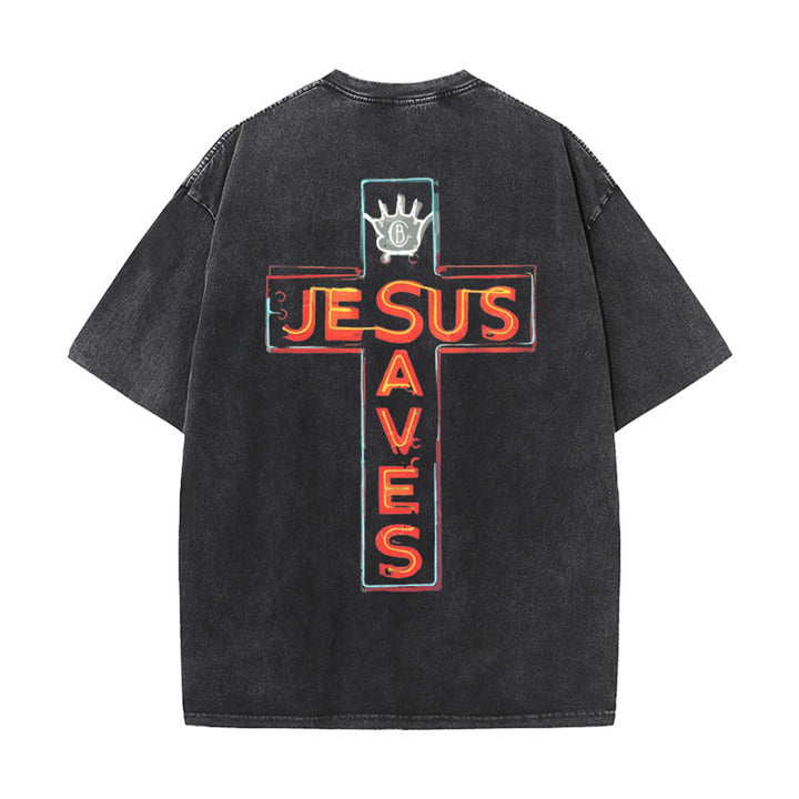 T-shirt unisexe délavé Christianartworkshop avec motif croix « Jésus sauve » - Noir - 5XL - image 2