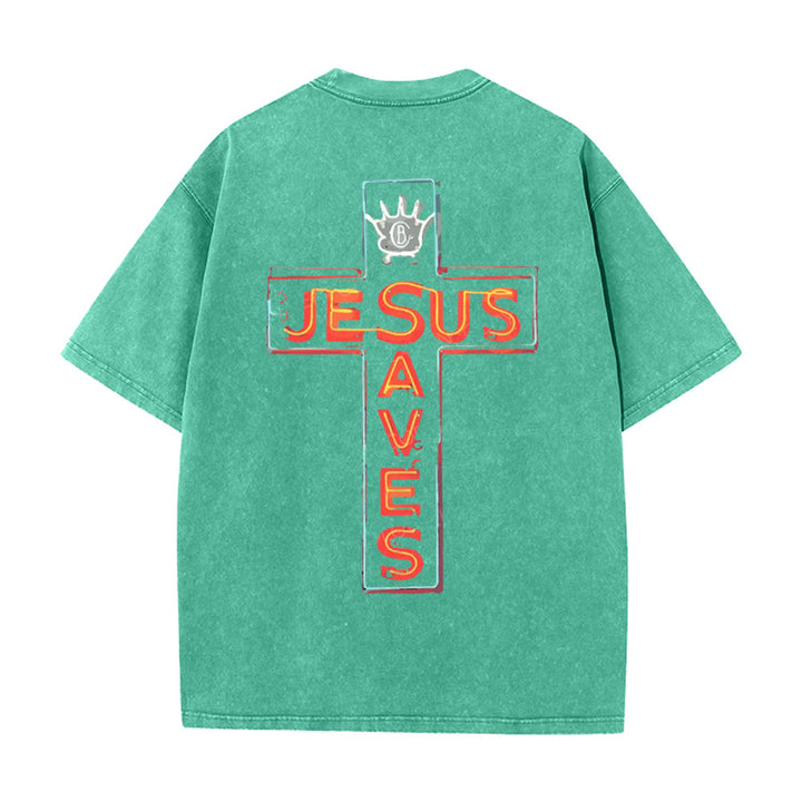 T-shirt unisexe délavé Christianartworkshop avec motif croix « Jésus sauve » - Vert - 5XL - image 12