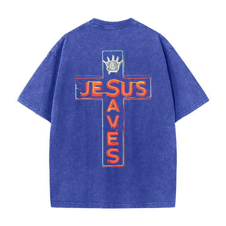 T-shirt unisexe délavé Christianartworkshop avec motif croix « Jésus sauve » - Bleu - 5XL - image 0
