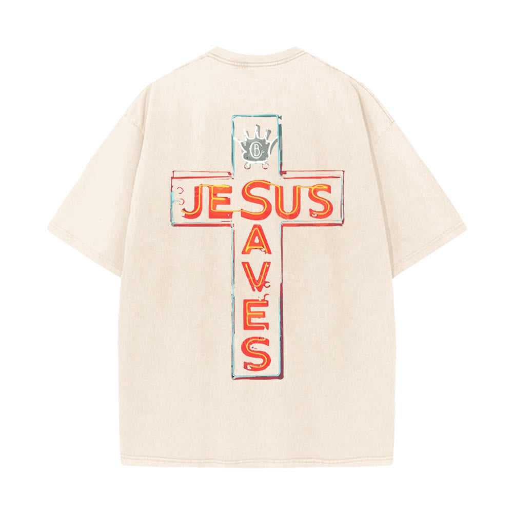 T-shirt unisexe délavé Christianartworkshop avec motif croix « Jésus sauve » - Beige - 5XL - image 4