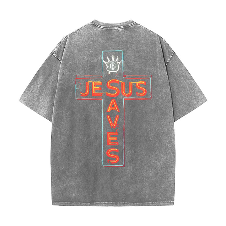 T-shirt unisexe délavé Christianartworkshop avec motif croix « Jésus sauve » - Gris - 5XL - image 6