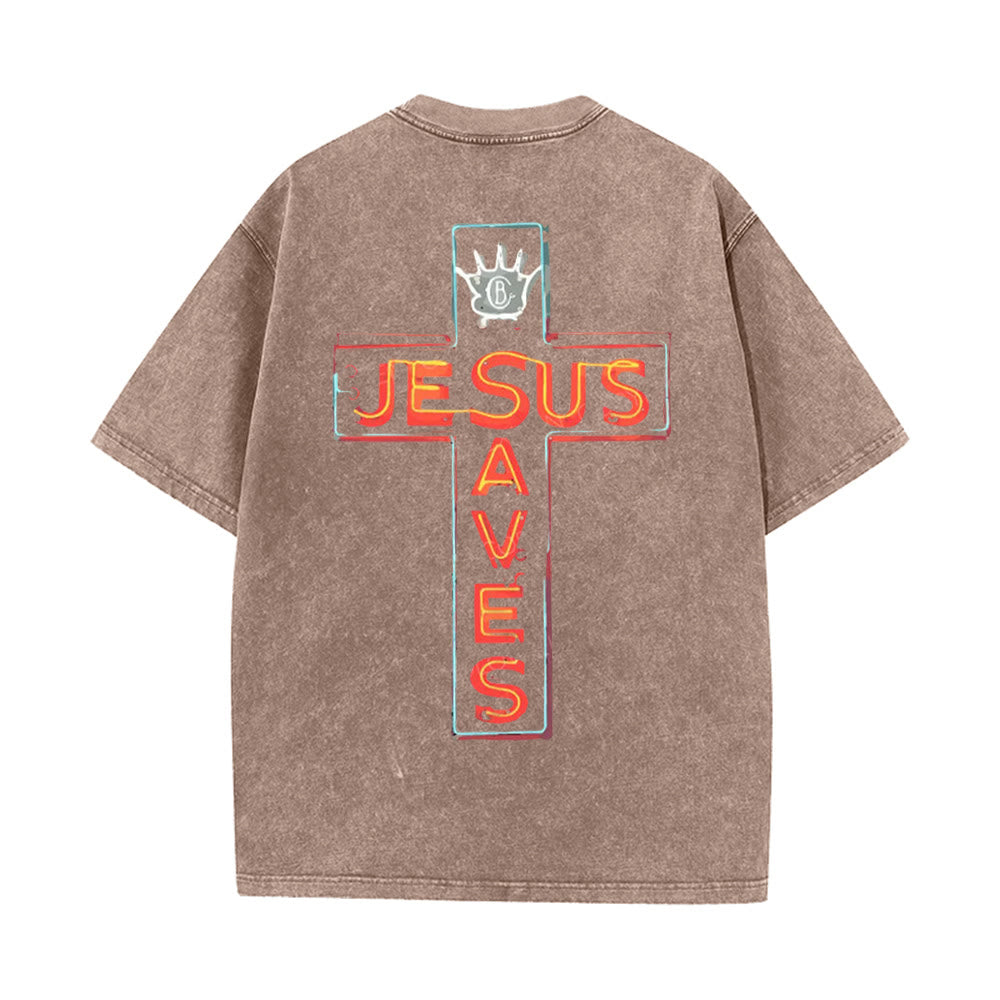 T-shirt unisexe délavé Christianartworkshop avec motif croix « Jésus sauve » - Brun - 5XL - image 8