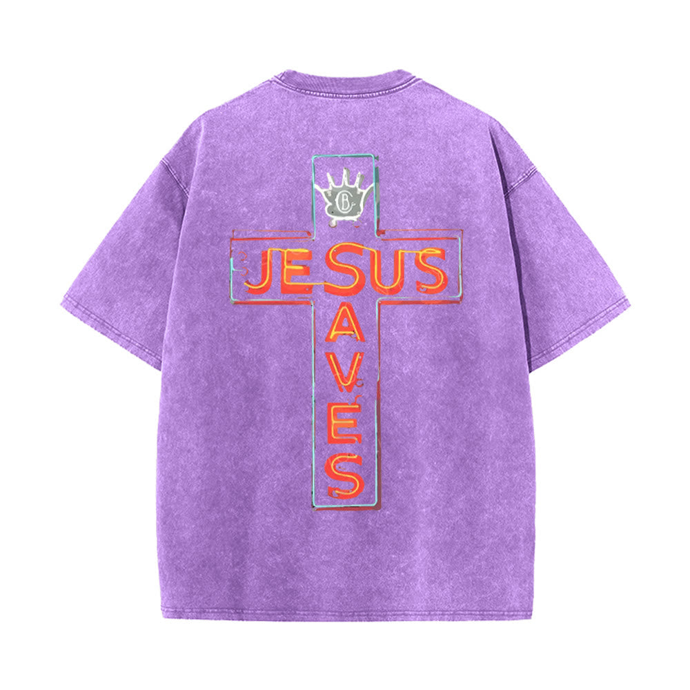 T-shirt unisexe délavé Christianartworkshop avec motif croix « Jésus sauve » - Violet - 5XL - image 14