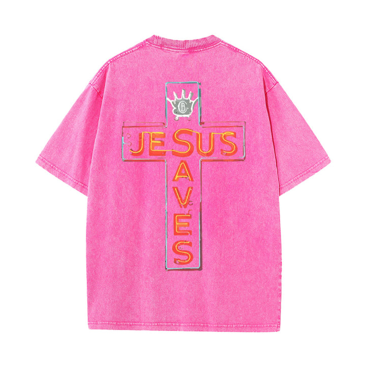 T-shirt unisexe délavé Christianartworkshop avec motif croix « Jésus sauve » - Rose - 5XL - image 10