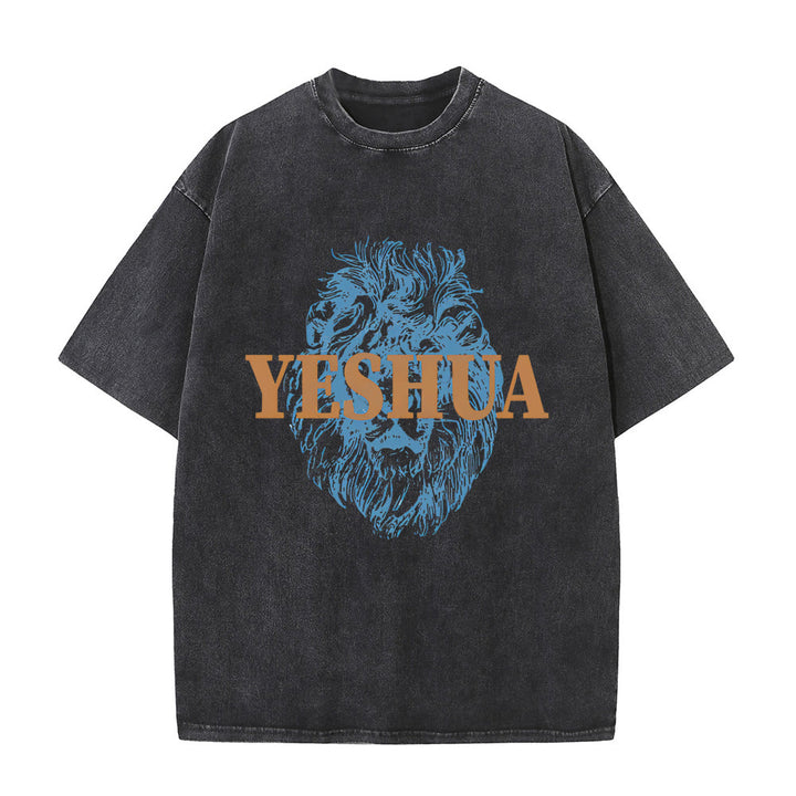 T-shirt délavé à tête de lion « YESHUA » de Christianartworkshop - Noir - 5XL - image 0