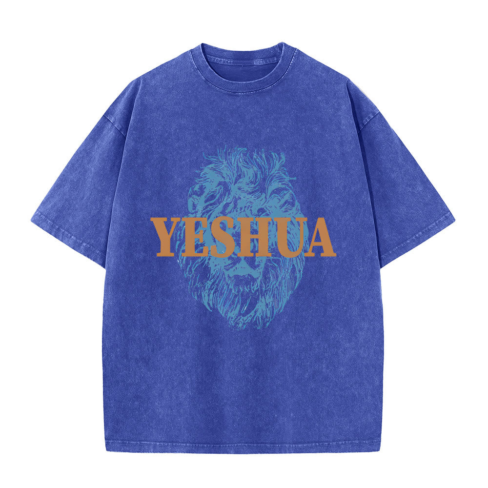 T-shirt délavé à tête de lion « YESHUA » de Christianartworkshop - Bleu - 5XL - image 2