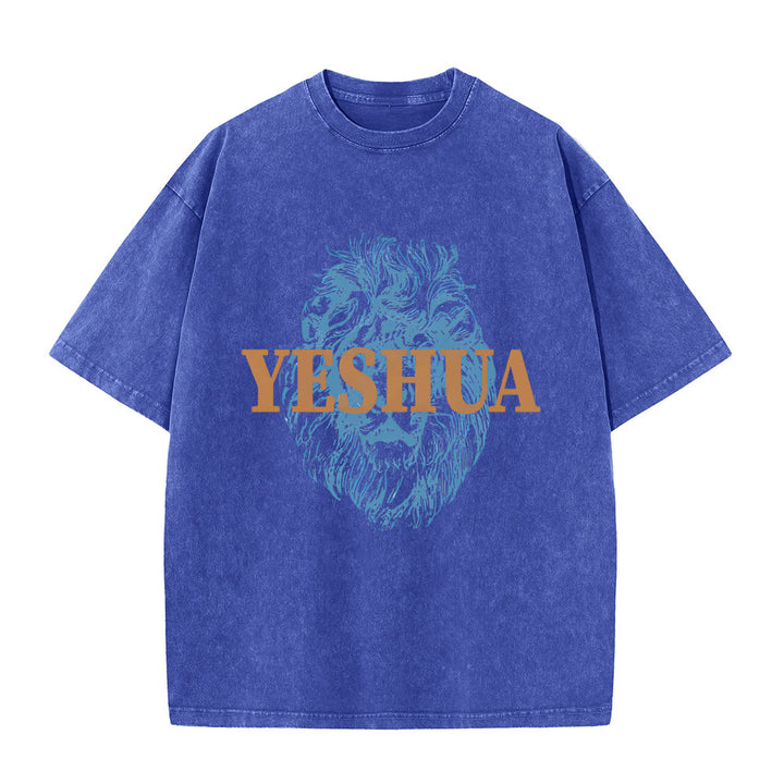 T-shirt délavé à tête de lion « YESHUA » de Christianartworkshop - Bleu - 5XL - image 2