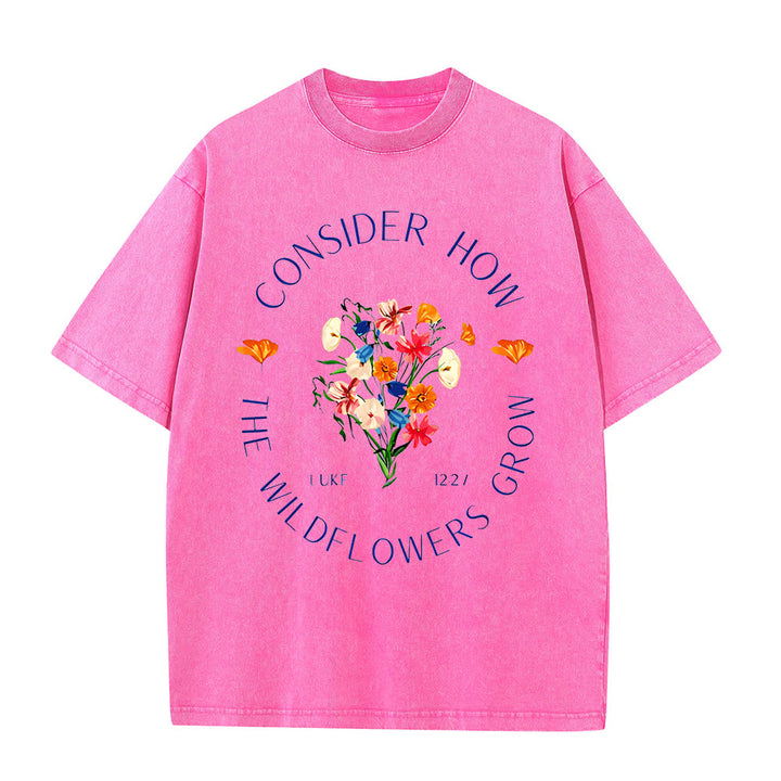 T-shirt unisexe délavé « Considérez comment poussent les fleurs sauvages » de Christianartworkshop - Rose - 5XL - image 7