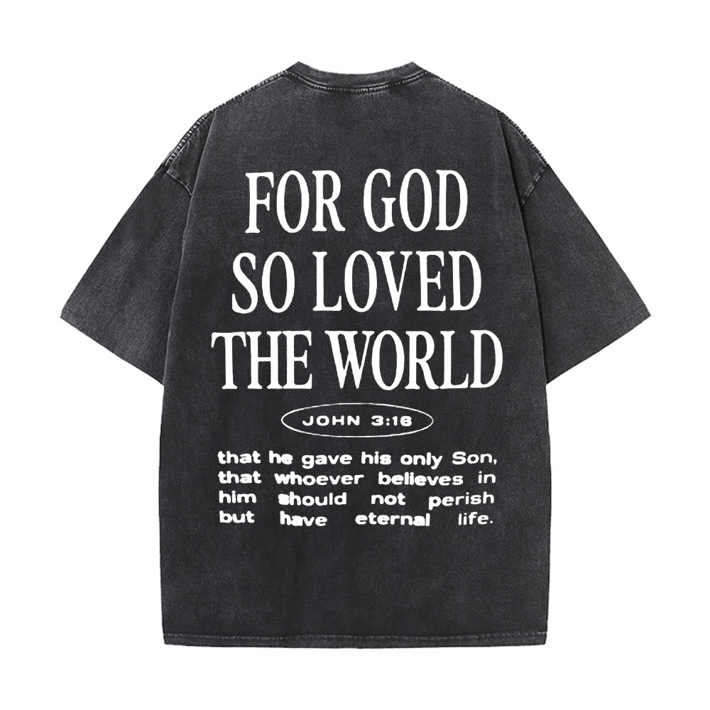 T-shirt unisexe délavé « Car Dieu a tant aimé le monde » de Christianartworkshop - Noir - 5XL - image 0