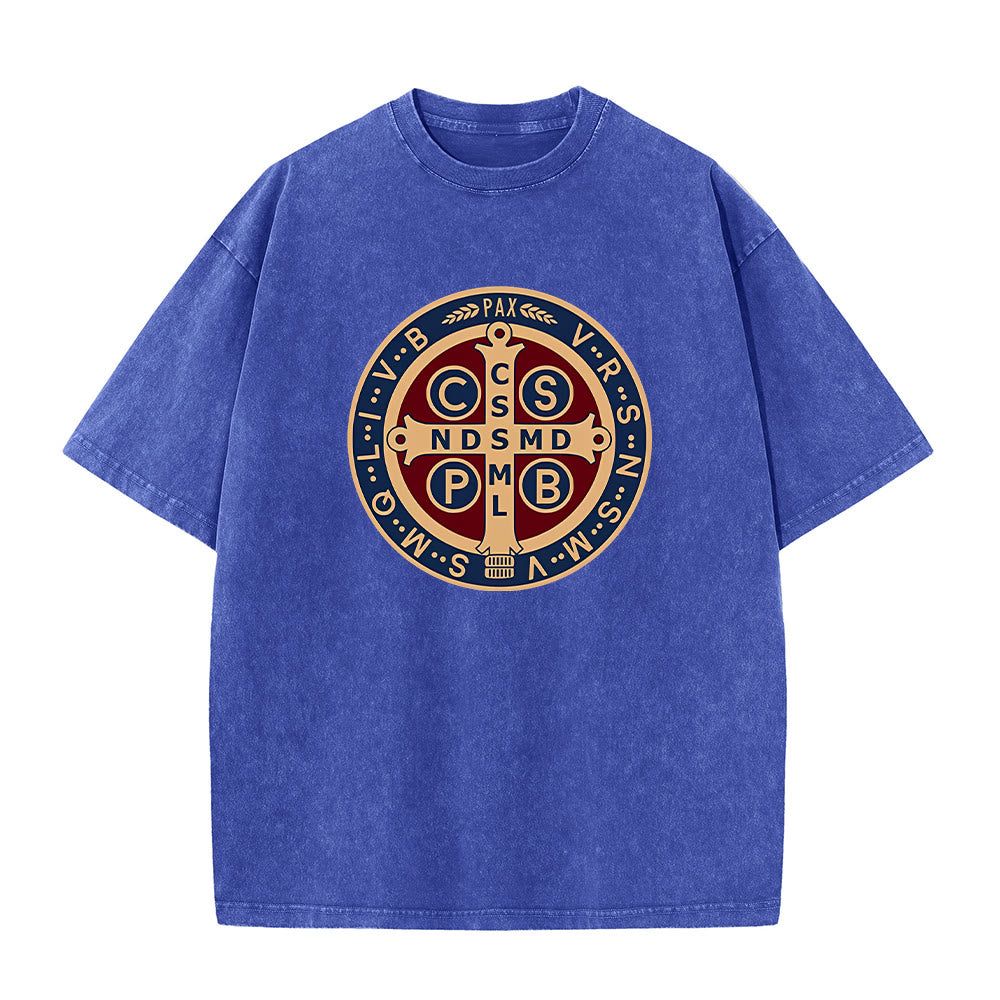 T-shirt unisexe délavé Christianartworkshop avec médaille de Saint Benoît et croix de la Sainte-Croix - Bleu - 5XL - image 3