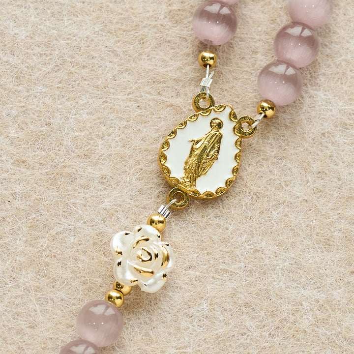 Christianartworkshop Chapelet œil-de-chat rose pâle avec perles roses blanches et emblème de la Sainte Vierge - image 15