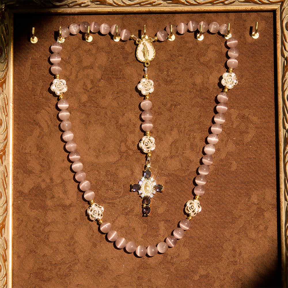 Christianartworkshop Chapelet œil-de-chat rose pâle avec perles roses blanches et emblème de la Sainte Vierge - Violet - image 8