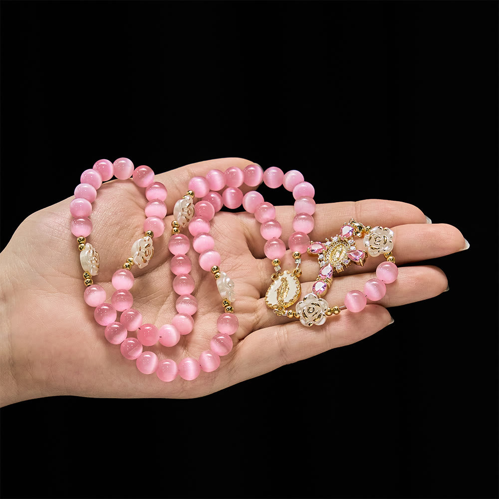 Christianartworkshop Chapelet œil-de-chat rose pâle avec perles roses blanches et emblème de la Sainte Vierge - image 1