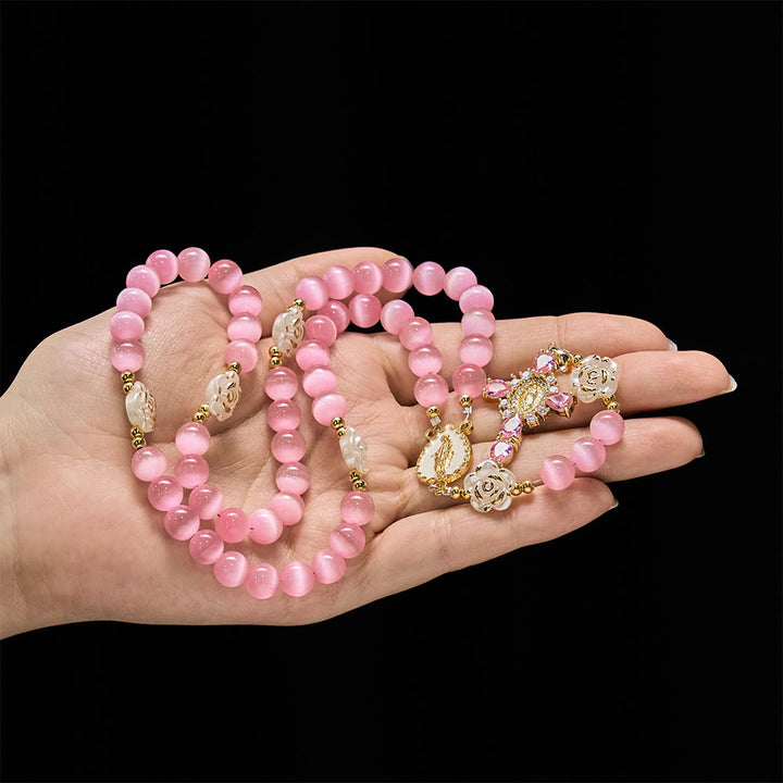 Christianartworkshop Chapelet œil-de-chat rose pâle avec perles roses blanches et emblème de la Sainte Vierge - image 1