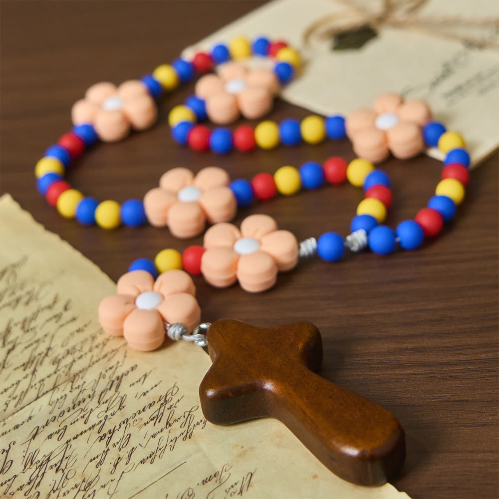 Christianartworkshop Chapelet pour enfants avec fleurs en silicone souple : motif floral amusant aux couleurs rouge, jaune et bleu - image 4