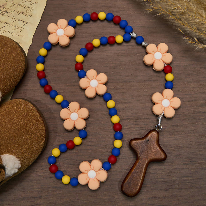 Christianartworkshop Chapelet pour enfants avec fleurs en silicone souple : motif floral amusant aux couleurs rouge, jaune et bleu - image 2