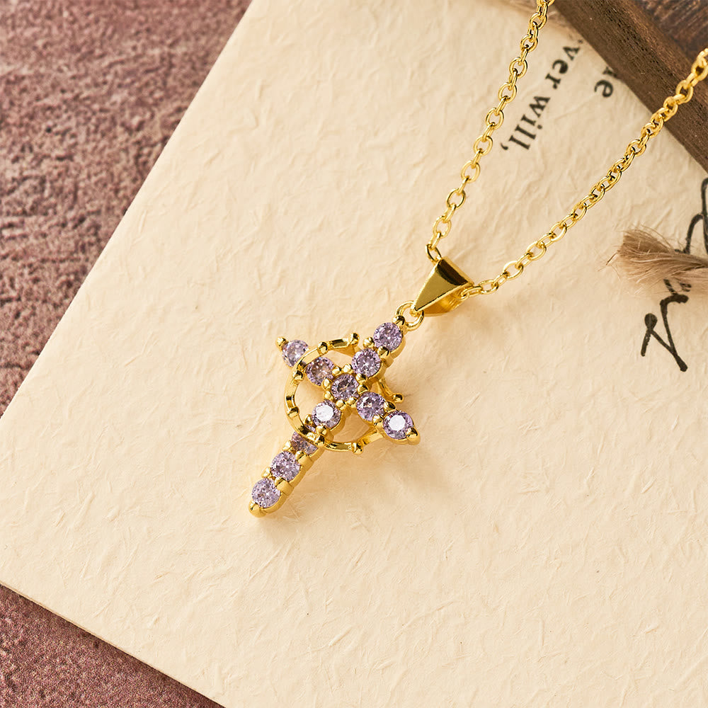 Christianartworkshop Collier croix symbole de foi avec pierres de naissance mensuelles - Février - image 7