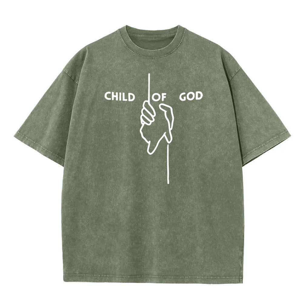 T-shirt unisexe délavé Christianartworkshop « Enfant de Dieu » : Motif croix fait main et foi éternelle - Vert armée - 5XL - image 1